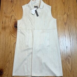 Tahari Faux Leather Long Vest Womens Large Cream Bone Sleeveless Open Front NWT